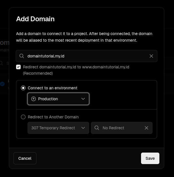 cara custom domain di Vercel