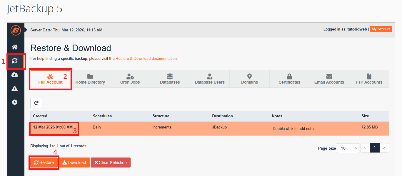 cara restore full backup JetBackup 5 di cPanel IDwebhost