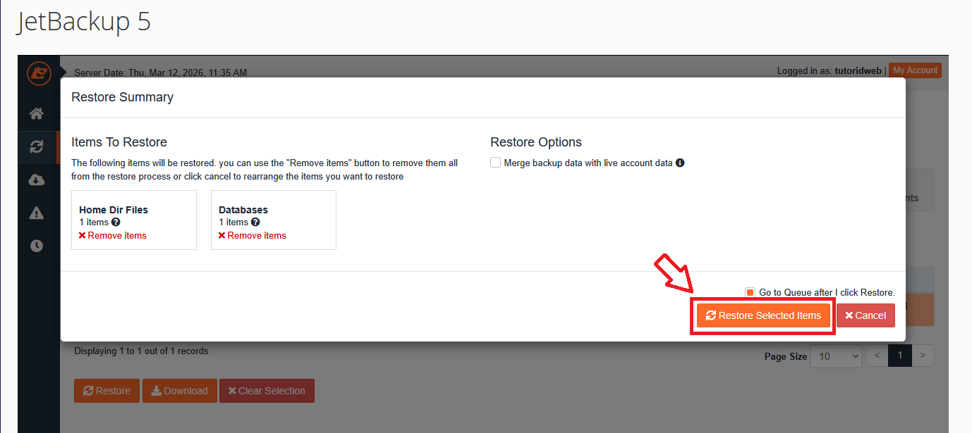 cara restore full backup JetBackup 5 di cPanel IDwebhost