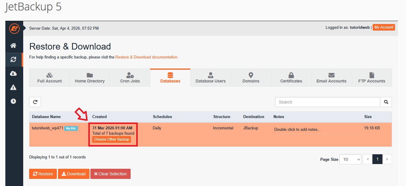 Restore Database JetBackup di cPanel