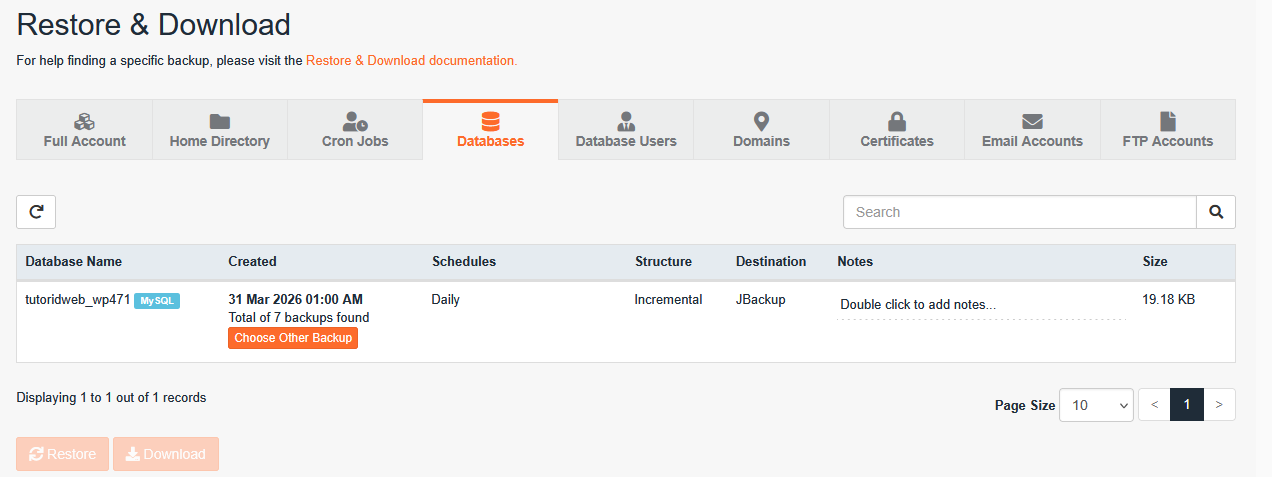 Restore Database JetBackup di cPanel