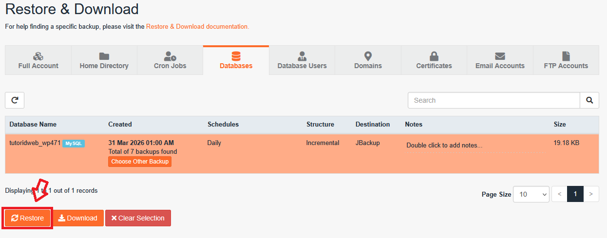 Restore Database JetBackup di cPanel