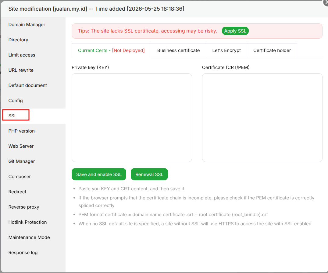 Cara Instal Custom SSL di aaPanel