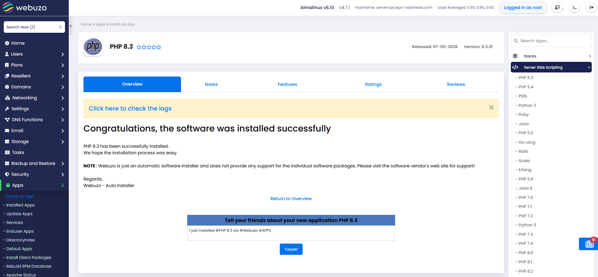 Cara Install & Ganti Versi PHP 8.3 di Webuzo