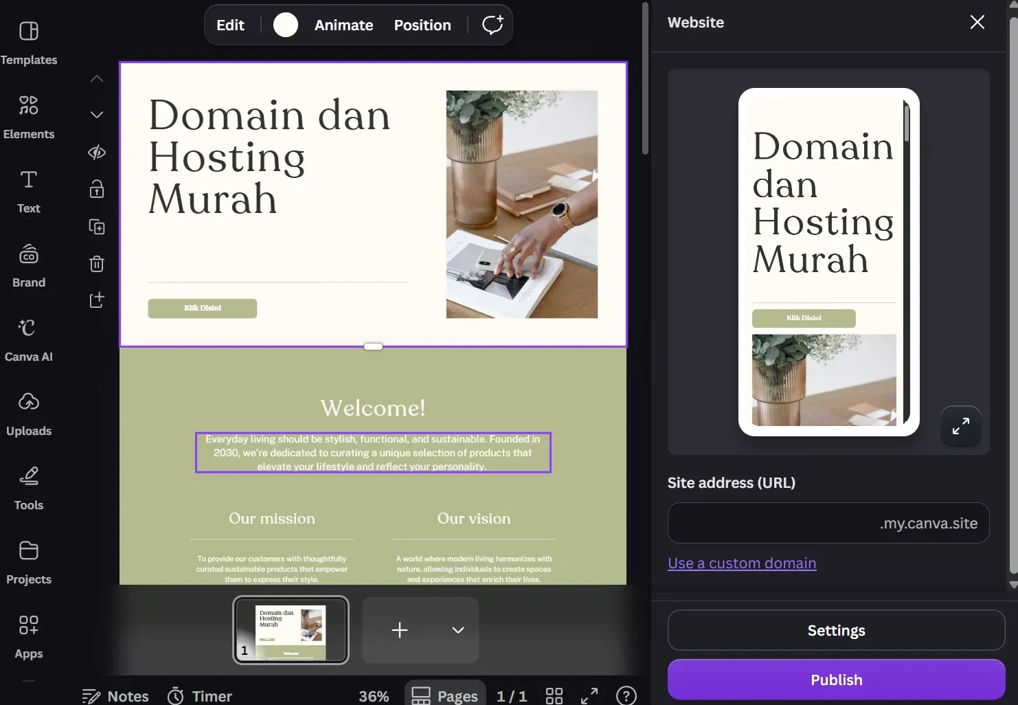 cara pasang domain kustom di website Canva