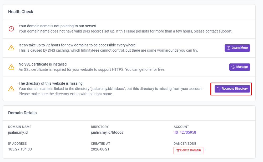 cara menambahkan parked dan addon domain di InfinityFree